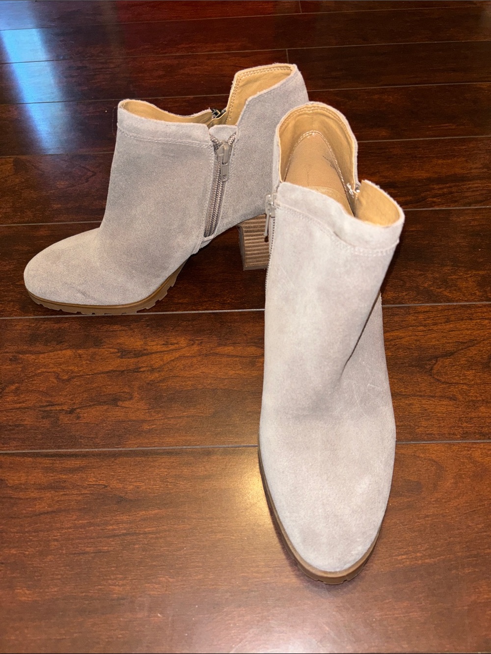 Lucky Brand Light Gray Suede Ankle Booties with Block Heel